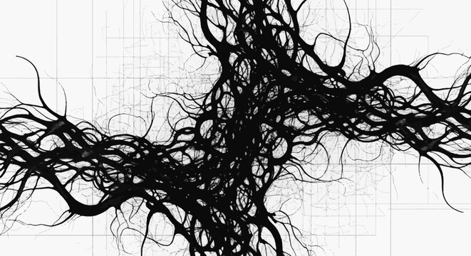 Abstract black and white organic network pattern resembling tangled roots or neural connections. Digital artistic illustration of complex growth.