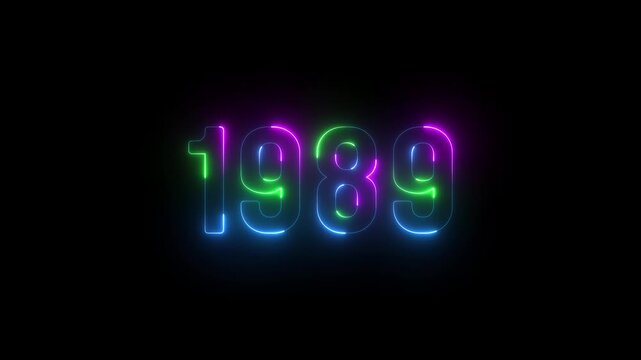 1989 neon line text. Abstract 1989 neon text animation ,For neon color Glowing neon number text background. 1989 title metal text on glowing text animation black background. glow old years animations