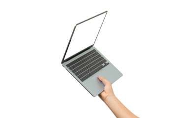 A person's hands are holding a modern laptop with a blank white screen, The image is isolated on a pure white background, making it perfect for adding custom graphics, text, or screenshots to the scre