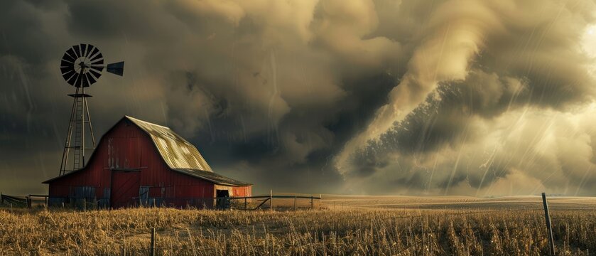Red barn under stormy sky