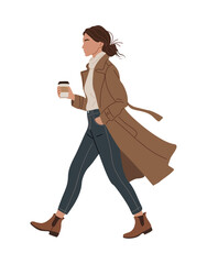 Fototapeta premium Vector flat illustration of young woman in casual autumn outfit with coat, jeans, and boots, walking full length side view holding takeaway coffee cup, isolated on transparent background