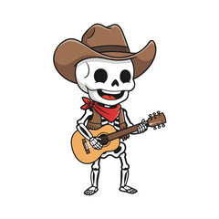 Smiling Cowboy Skeleton Playing Guitar Illustration