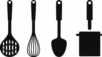 Black and white kitchen utensils including slotted spoon whisk ladle and pot on a white background image | editable eps vectors silhouette