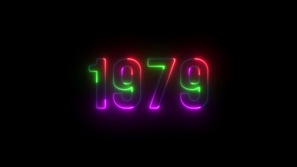 1979 neon line text. Abstract 1979 neon text animation ,For neon color Glowing neon number text background. 1979 title metal text on glowing text animation black background. glow old years animations