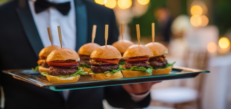 The Sliders on a Platter Served by a Waiter at an Elegant Event