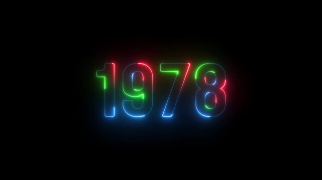 1978 neon line text. Abstract 1978 neon text animation ,For neon color Glowing neon number text background. 1978 title metal text on glowing text animation black background. glow old years animations