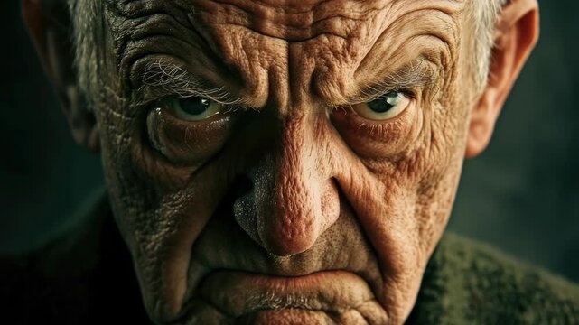 Old man with a scowling expression, showing signs of age and wear
