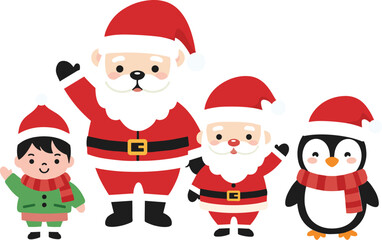 Cute Christmas illustration featuring a child, two Santa characters, and a penguin in festive outfits with hats and scarves, waving together in a cheerful holiday scene.
