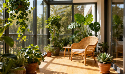 Fototapeta premium Sunlit indoor garden with potted plants and wicker chair near large windows
