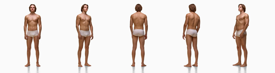 Collage of male body full rotation in white underwear neutral expression isolated on white background. Concept of anatomy education, body proportion study, and fitness reference.