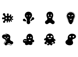 Set of abstract cute and creepy blobs, microbes, viruses, and ghosts icons on white background