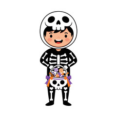 Cute boy in a skeleton costume holding a Halloween candy bucket