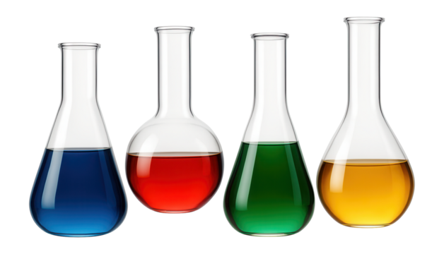 Flasks filled with colorful liquids.