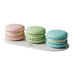 Fototapeta premium Three pastel gourmet macarons (pink, mint, blue) in a row, sugar-dusted, on a white plate against a transparent background, high-key studio light, elegant dessert product display concept