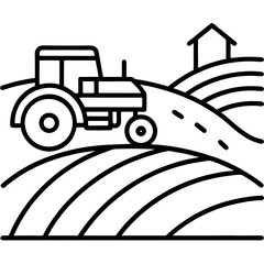 Tractor on a Field with Barn Linear Design Agriculture Rural Scenery Minimalist Outline