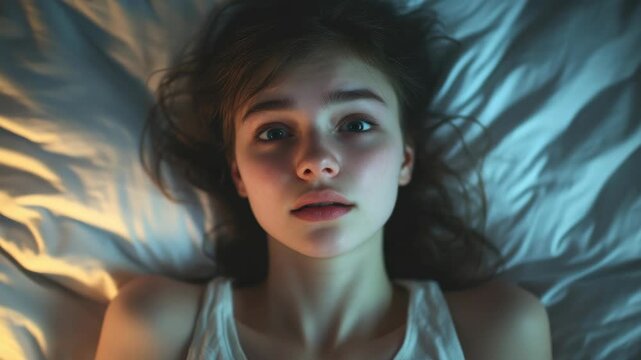 Young woman lying in bed, mouth obscured by pillowcase, looking directly at camera with eyes wide open.