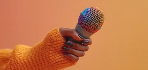 The Microphone Held in Cozy Orange Sweater with Colorful Stage Lighting Glow