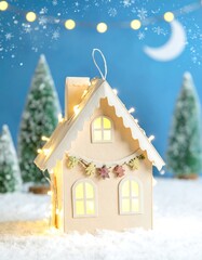 Snowy Christmas house scene with lights