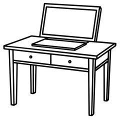 Outline drawing of desk with computer symbolizing workspace and graphic design elements for creative projects isolated on white background