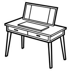 Black and White Vanity Desk with Mirror and Drawers Minimalist Line Art Illustration