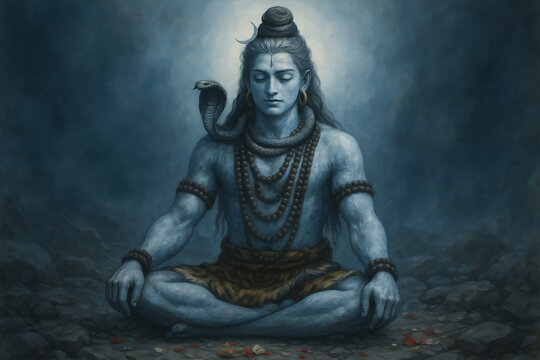 Blue-skinned mahadev statue meditating on a rocky path, with fallen autumn leaves and a serene expression, a deeply spiritual and tranquil image for shivratri and sawan somvar