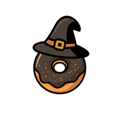 A delicious donut decorated with a witch's hat, a fun and creative vector illustration of a festive Halloween pastry, perfect for food and spooky concepts.