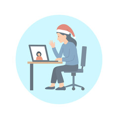 A female office worker wearing a Santa hat, having a video conference call on her laptop, a festive illustration of remote work during the holiday season.