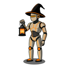A cute robot holding a lantern, dressed in a festive Halloween theme, a cheerful vector illustration perfect for a holiday party or greeting