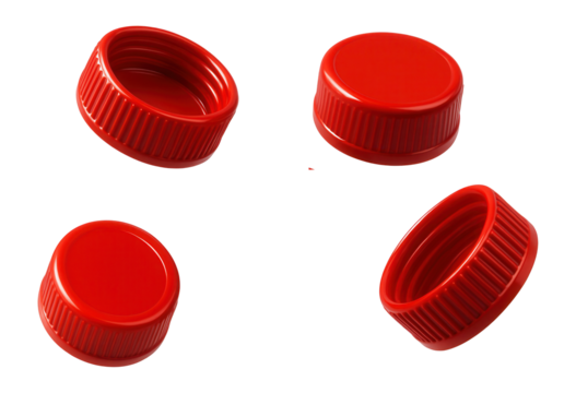 Five red plastic bottle caps viewed from various angles.