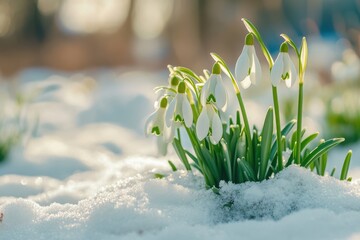 Delicate Snowdrop Flowers Emerging from Snow, Symbolizing Spring's Arrival and the Beauty of Nature