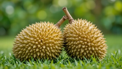 Macro photography of durian fruits outdoors, showing detailed spiky texture, fresh and ripe, placed on grass with blurred green nature background, high detail, sharp focus.