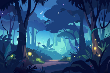 Enchanting magical forest path illuminated by glowing fireflies under a crescent moon creating a serene mystical night atmosphere.