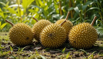 Five whole durians in a lush tropical environment, lying on soil and grass, vibrant greenery background, sunny natural lighting, realistic photography, tropical fruit concept.