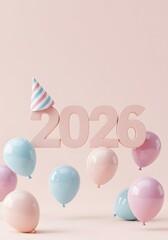 Pastel Render Number 2026 with Party Hat and Balloons Decoration