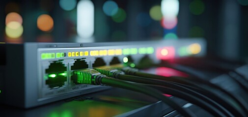 The illuminated network switch with vibrant cables and blurred background lights.