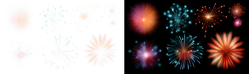 Fototapeta premium Set of Fireworks Display with Sparkling Effects in Night Sky Display on Transparent and Black Background, png
