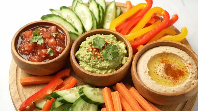 Healthy Dips and Veggie Platter - A wooden platter holds various healthy dips, including guacamole, hummus, and salsa, surrounded by fresh vegetables such as carrots, cucumbers, and bell peppers.