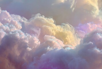 White iridescent clouds, close-up, pale yellow and purple sky, ethereal dreamy scene