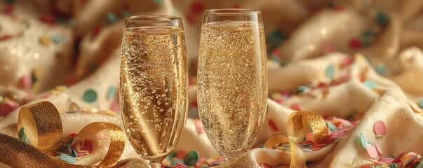 Festive celebration with champagne glasses against a golden background and confetti