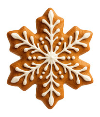 Snowflake-shaped gingerbread cookie with white icing decoration.