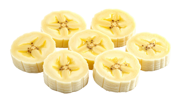 Seven sliced bananas arranged in a close cluster
