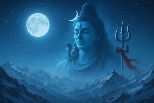 A majestic artistic rendering of Lord Shiva meditating peacefully amidst snowy Himalayan peaks, a perfect representation for Mahadev and Shivratri themes