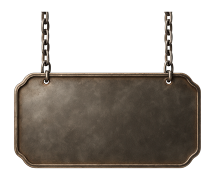Vintage metal sign with chains hanging, ready for customization.