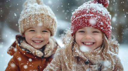 happy kids playing snowball fight in winter park smiling laughing joyful expressions snowy outdoor scene fun childhood moments holiday season playful family atmosphere
