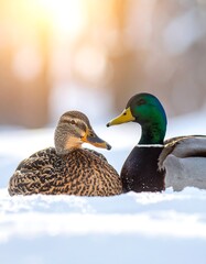 Fototapeta premium Two ducks in snowy landscape
