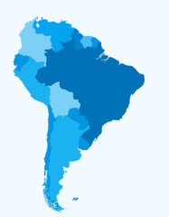 Fototapeta premium Map of South America with countries. Just a simple continent border map with country division. Light blue color palette. Flat South America shape with administrative division. Vector illustration.
