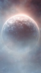 Fototapeta premium Explore a mystical planet nestled within a cloudy sky, showcasing a serene and ethereal space scene ideal for scientific research, cosmic exploration, and inspiring dreamlike concepts that spark