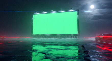 Futuristic green screen billboard at night, reflecting in wet ground, with red car lights.