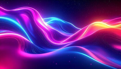 An abstract digital design showcasing flowing neon-colored lines forming undulating waves against a dark, starry backdrop