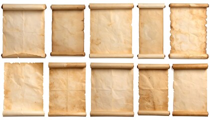 Collection of aged scrolls on a white background